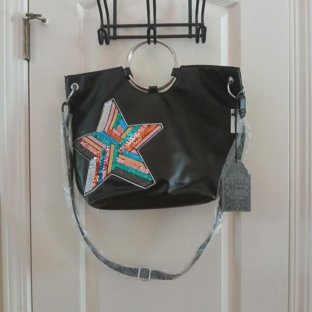 NWT Mcbling Black faux leather bag multi sequin star silver O-ring handle strap